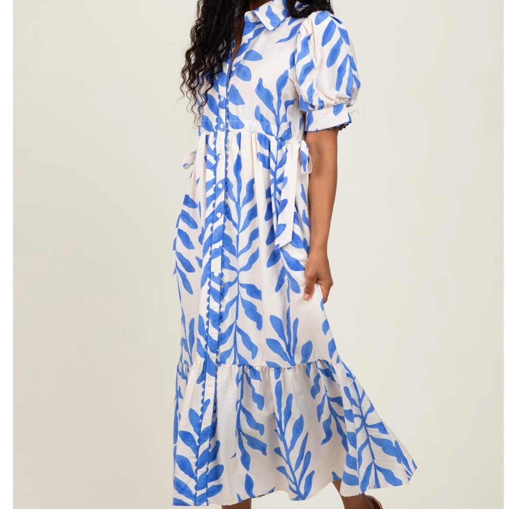 Blue and White Leaf Print Dress - Picture 3 of 10